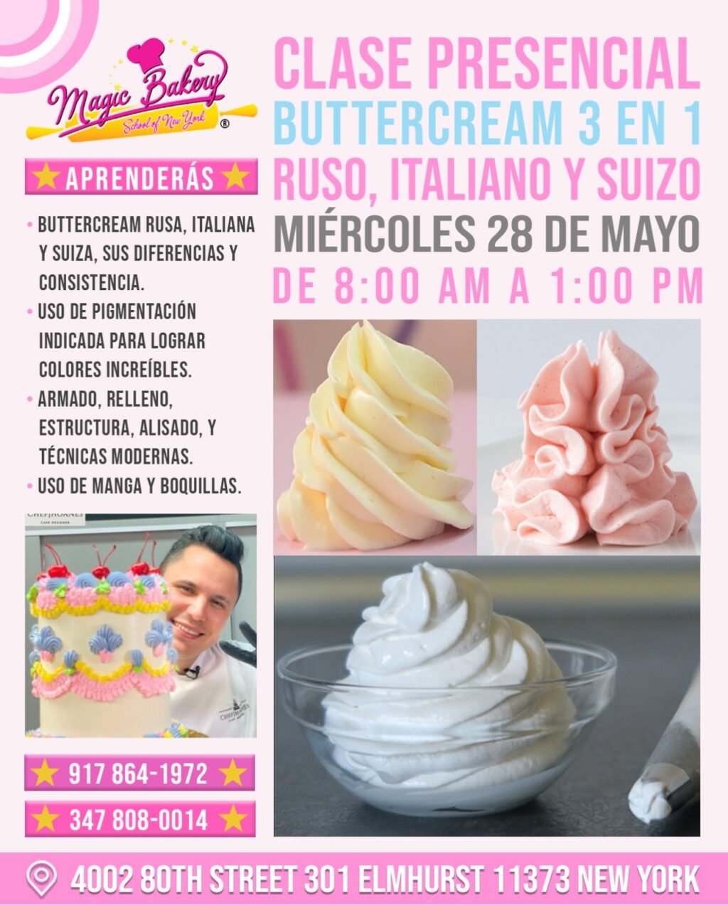 Clase de buttercream 3 en 1 con técnicas rusas, italianas y suizas en Magic Bakery School