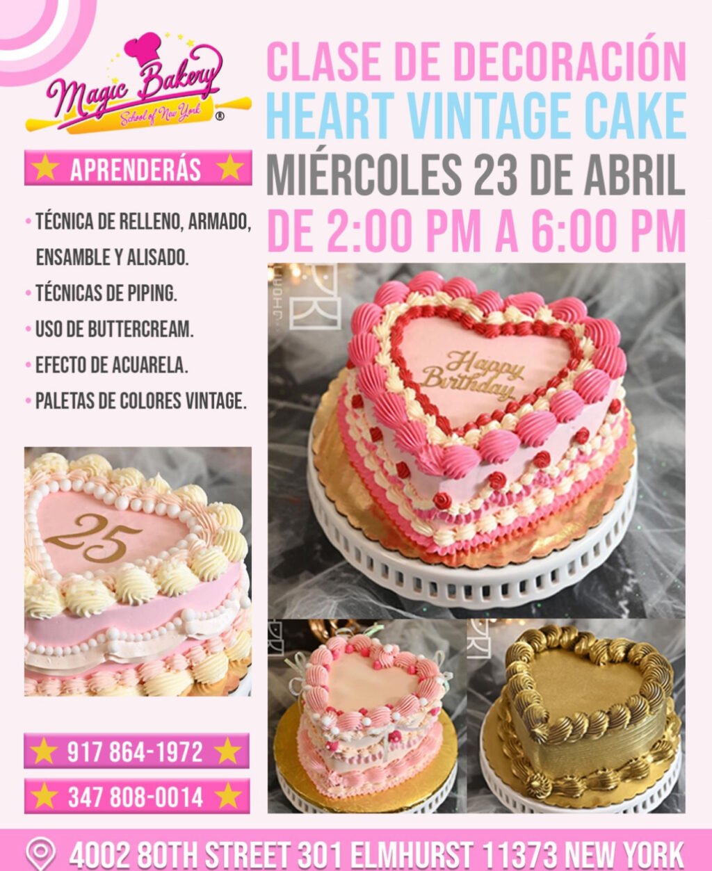 Clase de decoración Heart Vintage Cake con técnicas de buttercream y piping en Magic Bakery School