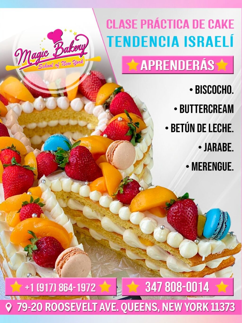estilo tendencia israelí decorado con frutas, macarons y buttercream en Magic Bakery School